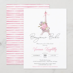 Bonjour Bebe Paris Eiffel Pink Flowers Baby shower Kaart