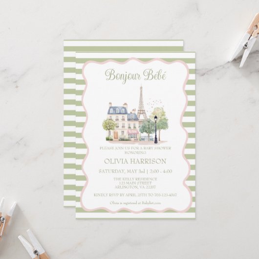 Bonjour Bebe Paris French Baby shower Invitation (Devant/Arrière en situation)