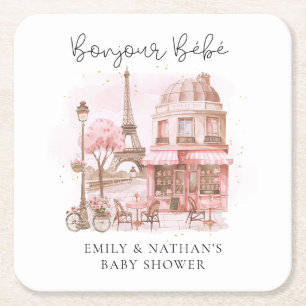 Bonjour Bebe Paris Patisserie Baby shower Vierkante Kartonnen Onderzetter