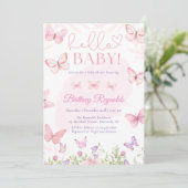 Bonjour Bébé rose papillon Baby shower Invitation (Debout devant)
