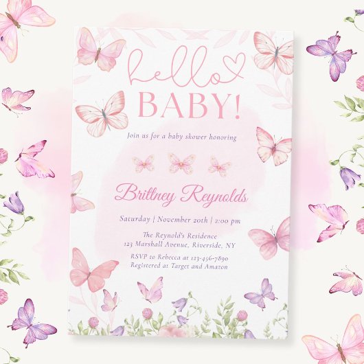 Bonjour Bébé rose papillon Baby shower Invitation