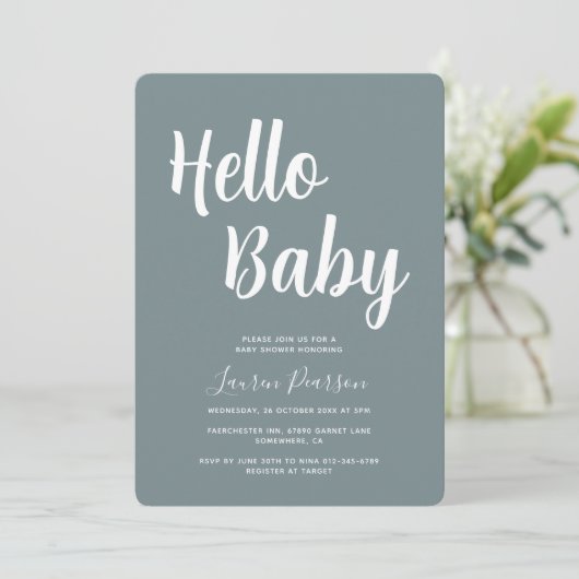 Bonjour bébé Rustic Blue Baby shower Invitation (Debout devant)