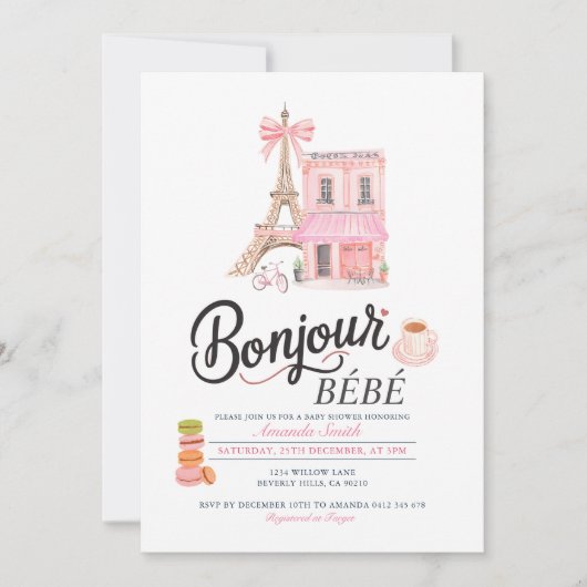 Bonjour Blush Pink French Baby shower Invitation (Devant)