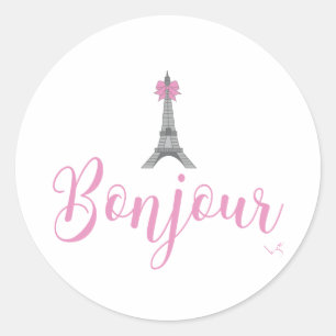 Bonjour-Eiffel Tower Bow Unieke Ronde Sticker