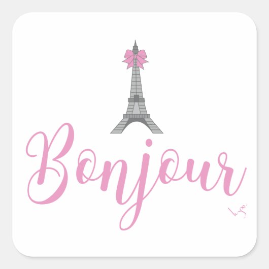 Bonjour-Eiffel Tower Bow Unieke Vierkante Sticker (Voorkant)