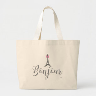 Bonjour-Eiffel Tower Pink Bow Grote Tote Bag