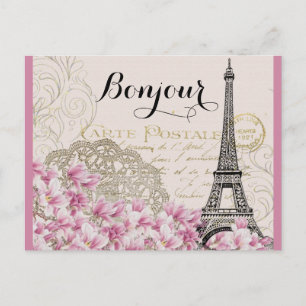 Bonjour  Eiffeltoren collage met bloemen Briefkaart