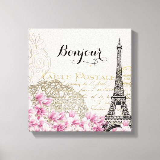 Bonjour  Eiffeltoren collage met bloemen Canvas Afdruk (Voorkant)