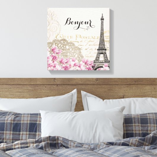 Bonjour  Eiffeltoren collage met bloemen Canvas Afdruk (Insitu (Slaapkamer))