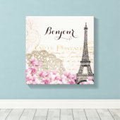 Bonjour  Eiffeltoren collage met bloemen Canvas Afdruk (Insitu (Houten vloer))