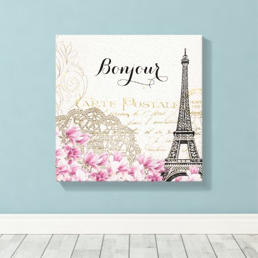 Bonjour  Eiffeltoren collage met bloemen Canvas Afdruk (Insitu (Houten vloer))