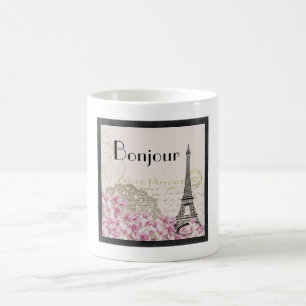 Bonjour  Eiffeltoren collage met bloemen Koffiemok