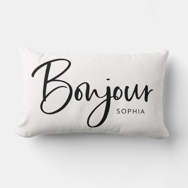 Bonjour | Elegant en modern zwart Frans script Kussen (Voorkant)
