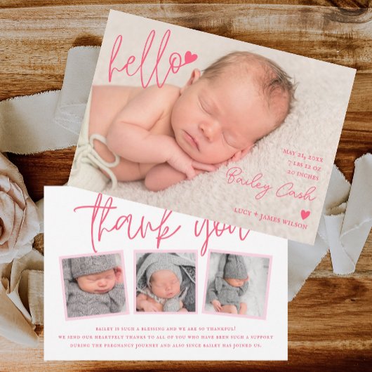 Bonjour et Merci Faire-part de naissance rose