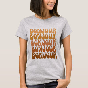 Bonjour   Frans Hallo in Bruine Groovy Typografie T-shirt