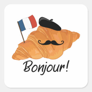 Bonjour French Croissant - France Funny Food Vierkante Sticker
