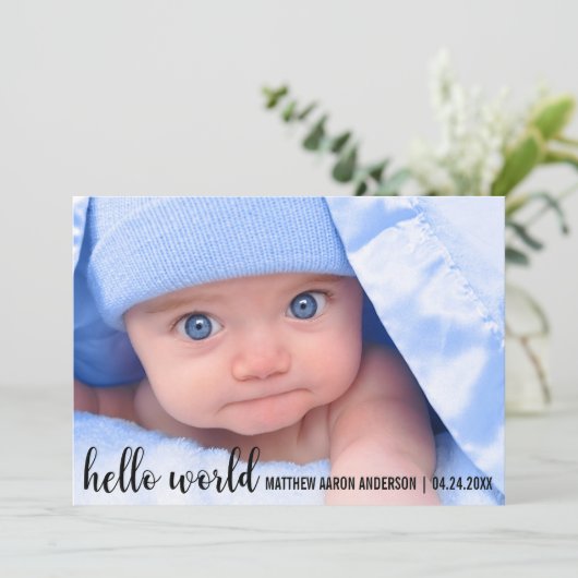 Bonjour le monde Nouveau bébé carte Faire-part mod (Debout devant)