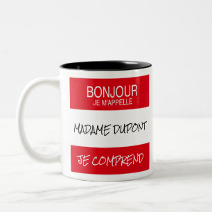 "Bonjour" Naam Badge Mok Franse leraar cadeau