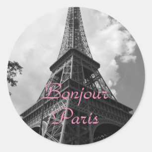 Bonjour Parijs Zwart Witte Eiffeltoren Frankrijk Ronde Sticker