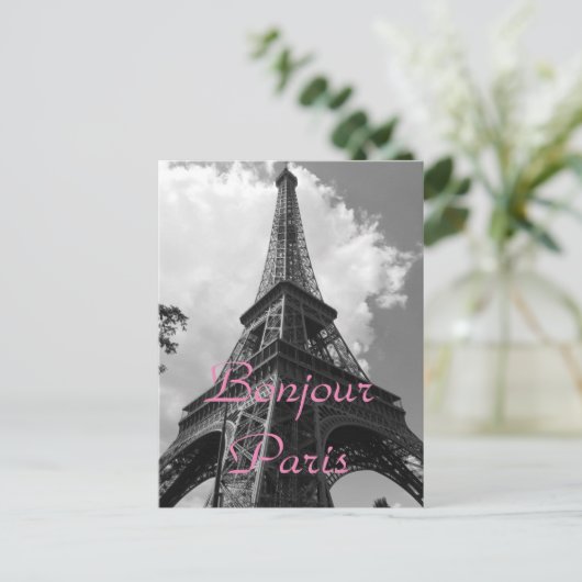 Bonjour Paris Black White Eiffel Tower France Feestdagenkaart (Staand voorkant)