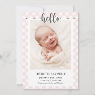 Bonjour rose En vichy Carte photo Faire-part de na