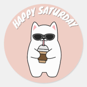 BONJOUR SAMEDI STICKER ROND CLASSIQUE CAT
