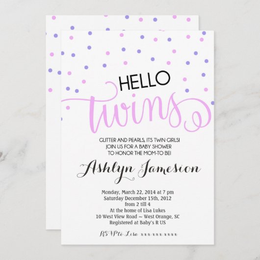 Bonjour Twins filles Baby shower Invitation (Devant / Derrière)