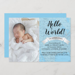 bonjour World Baby Blue World Map Faire-part de na