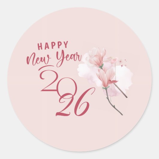 Bonne année 2026 Autocollant rond floral rose (Devant)