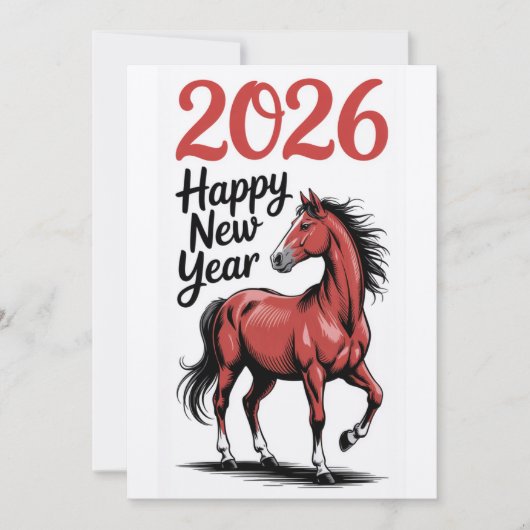 Bonne année 2026 Carte Cheval Rouge Illustration (Devant)