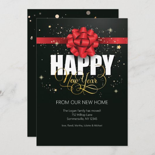 Bonne année Carte Bow Rouge (Devant / Derrière)