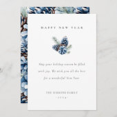 Bonne année Carte Plat Pinecones Bleues (Devant / Derrière)