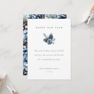 Bonne année carte plate aux pommes de pin bleues
