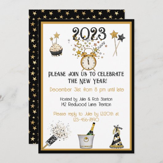 Bonne année Horloge Invitation de fête (Devant / Derrière)