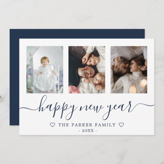 Bonne année Photo Collage Carte Bleue (Devant / Derrière)