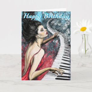 Bonne carte d'anniversaire avec la dame de piano e