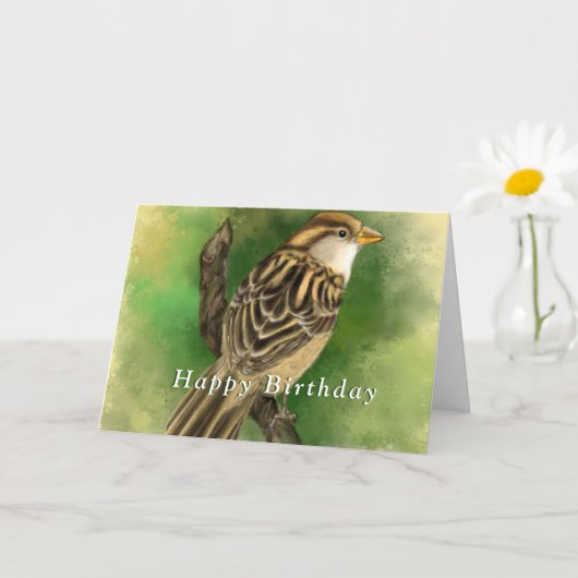 Bonne carte d'anniversaire avec un moineau mignon (Petite plante)