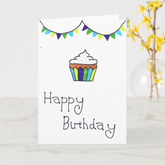 Bonne carte d'anniversaire - cupcake gai et lapin (Fleur jaune)