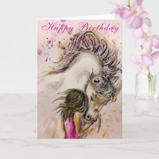 Bonne carte d'anniversaire - Fille et cheval (Orchidée)