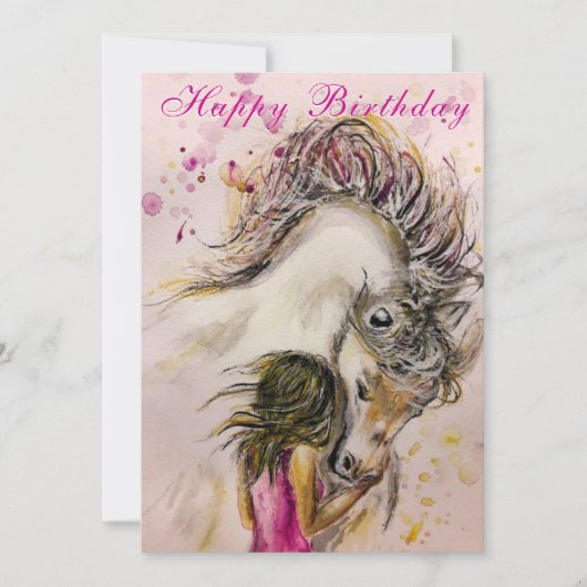 Bonne carte d'anniversaire - Fille et cheval (Devant)