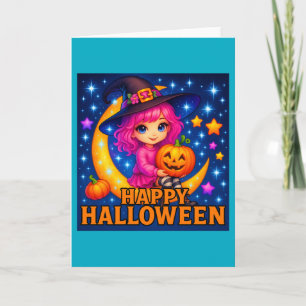 Bonne carte de voeux Halloween mignonne Moon Witch