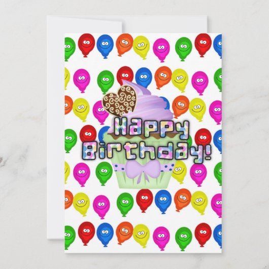 Bonne Invitation Anniversaire Ballons Cupcakes (Devant)
