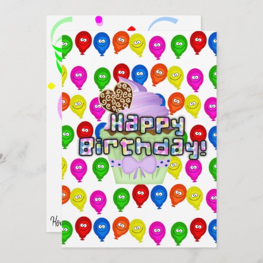 Bonne Invitation Anniversaire Ballons Cupcakes (Devant / Derrière)