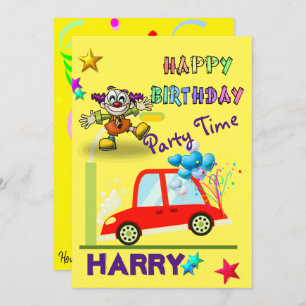 Bonne Invitation Anniversaire Clown Car Jaune