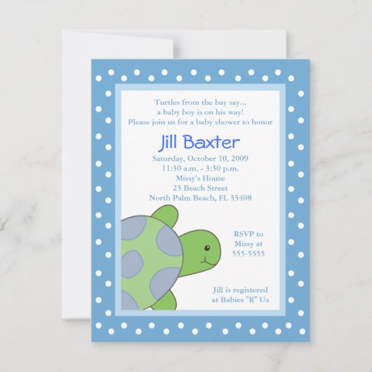 Bonne invitation Baby shower bleu tortue de mer (Devant)