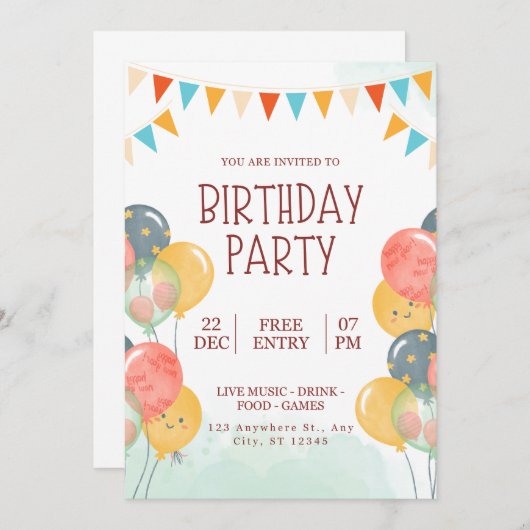 Bonne invitation d'anniversaire (Devant / Derrière)