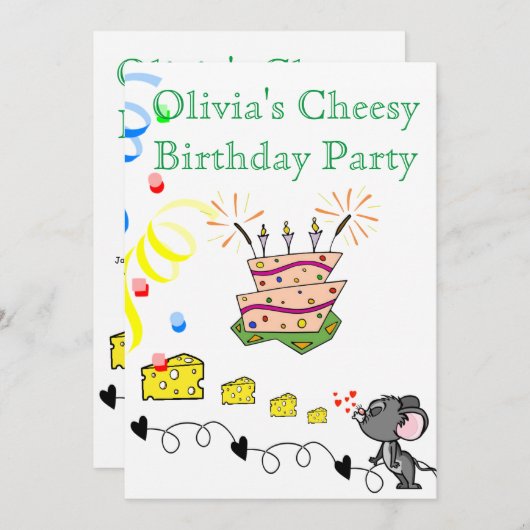 Bonne Invitation d'anniversaire Mousey Cheesy Part (Devant / Derrière)