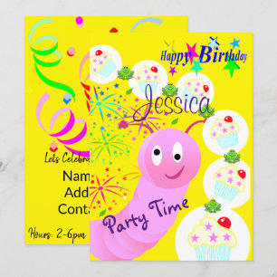 Bonne Invitation d'anniversaire Pink Worm Cupcakes