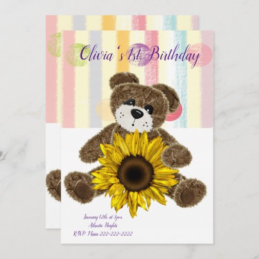 Bonne Invitation d'anniversaire Teddy Bear Pastel  (Devant / Derrière)