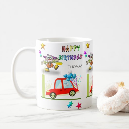 Bonne voiture de clown de Mug Anniversaire (Avec donut)